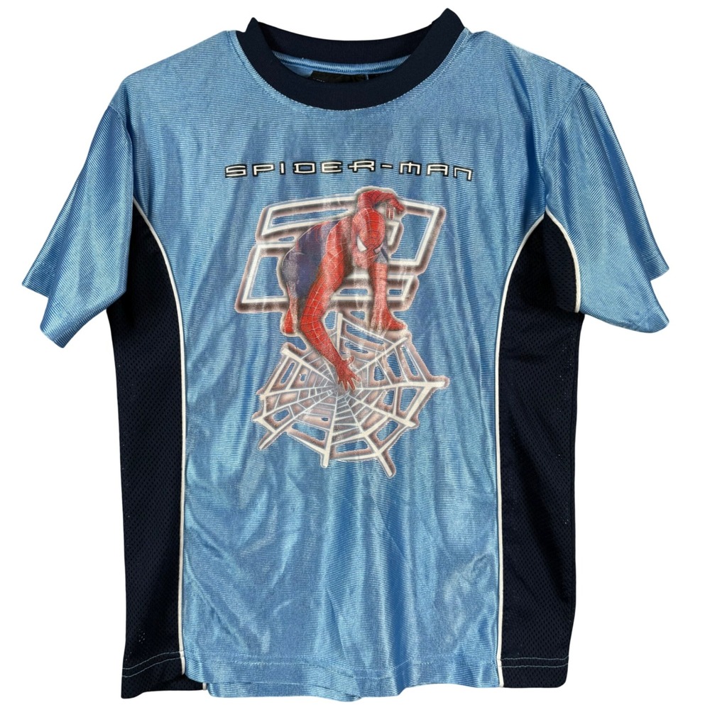 Vintage‎ Spider-Man 2 Jersey Shirt Kids 12/14 Blue Mesh Graphic Tee Marvel Movie